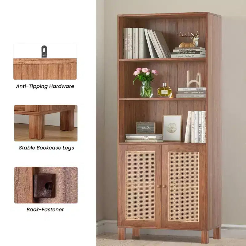 MAYEERTY Bibliothèque à 5 niveaux avec portes en rotin - Étagères hautes de présentation pour bureau à domicile et chambre à coucher (Noir)