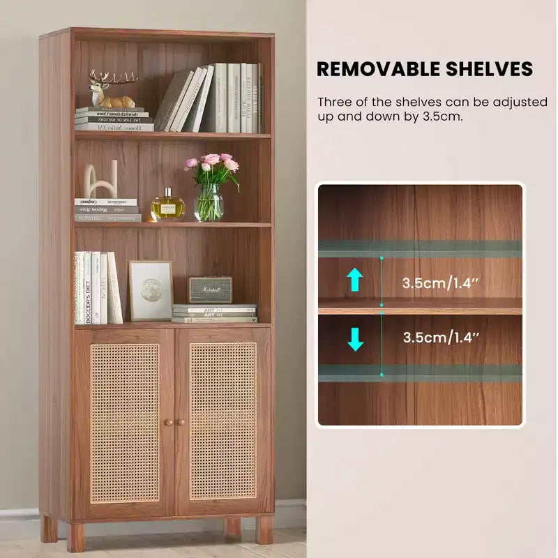 MAYEERTY Bibliothèque à 5 niveaux avec portes en rotin - Étagères hautes de présentation pour bureau à domicile et chambre à coucher (Noir)
