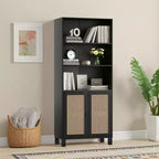 MAYEERTY Bibliothèque à 5 niveaux avec portes en rotin - Étagères hautes de présentation pour bureau à domicile et chambre à coucher (Noir)