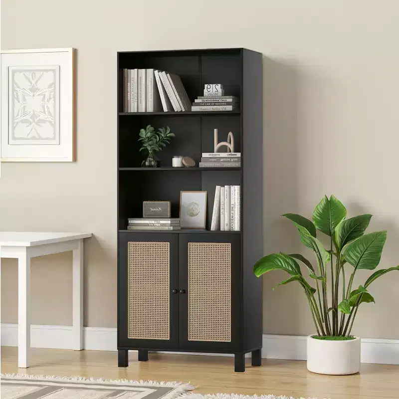 MAYEERTY Bibliothèque à 5 niveaux avec portes en rotin - Étagères hautes de présentation pour bureau à domicile et chambre à coucher (Noir)