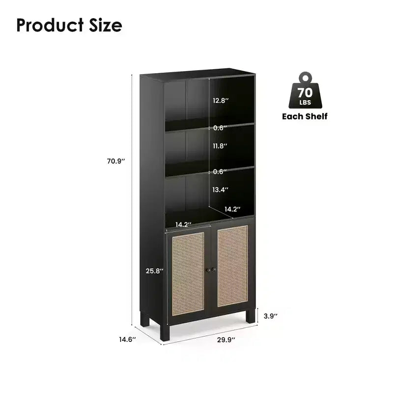 MAYEERTY Bibliothèque à 5 niveaux avec portes en rotin - Étagères hautes de présentation pour bureau à domicile et chambre à coucher (Noir)