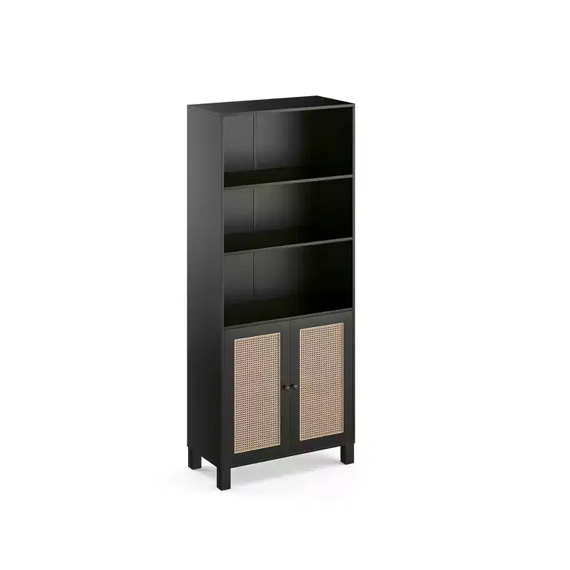 MAYEERTY Bibliothèque à 5 niveaux avec portes en rotin - Étagères hautes de présentation pour bureau à domicile et chambre à coucher (Noir)