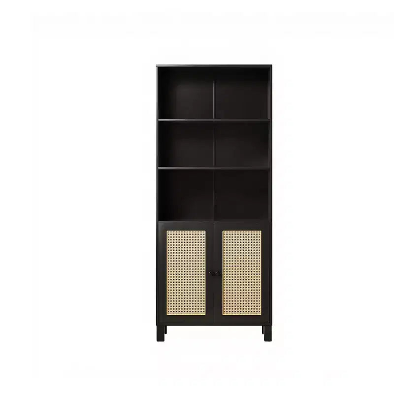 MAYEERTY Bibliothèque à 5 niveaux avec portes en rotin - Étagères hautes de présentation pour bureau à domicile et chambre à coucher (Noir)