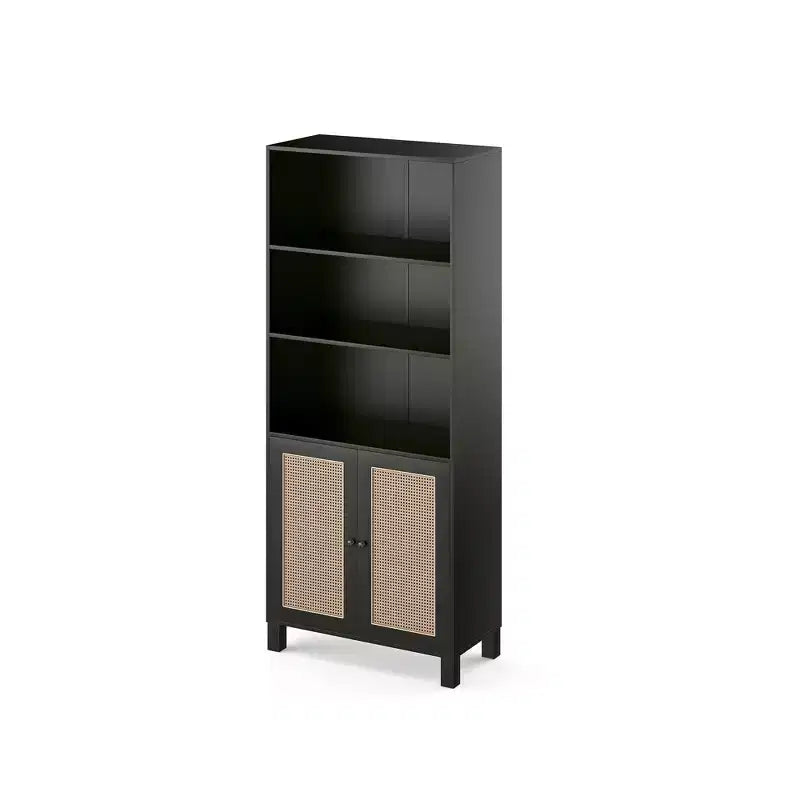 MAYEERTY Bibliothèque à 5 niveaux avec portes en rotin - Étagères hautes de présentation pour bureau à domicile et chambre à coucher (Noir)