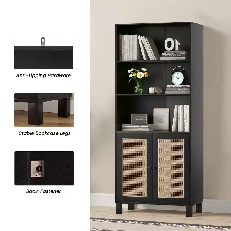 MAYEERTY Bibliothèque à 5 niveaux avec portes en rotin - Étagères hautes de présentation pour bureau à domicile et chambre à coucher (Noir)