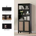 MAYEERTY Bibliothèque à 5 niveaux avec portes en rotin - Étagères hautes de présentation pour bureau à domicile et chambre à coucher (Noir)