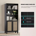 MAYEERTY Bibliothèque à 5 niveaux avec portes en rotin - Étagères hautes de présentation pour bureau à domicile et chambre à coucher (Noir)