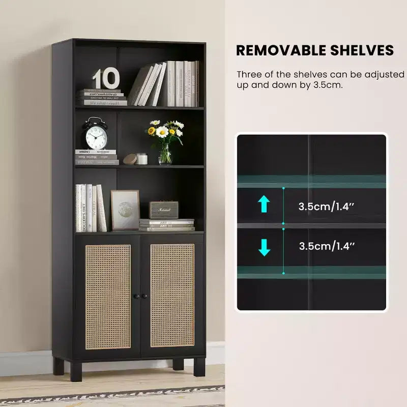MAYEERTY Bibliothèque à 5 niveaux avec portes en rotin - Étagères hautes de présentation pour bureau à domicile et chambre à coucher (Noir)