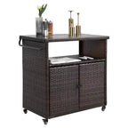 NAYSAYE Chariot de bar d'extérieur en osier avec dessus de table en verre pour patio, noir et marron, 35,2 x 20,6 x 34,2