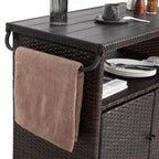 NAYSAYE Chariot de bar d'extérieur en osier avec dessus de table en verre pour patio, noir et marron, 35,2 x 20,6 x 34,2