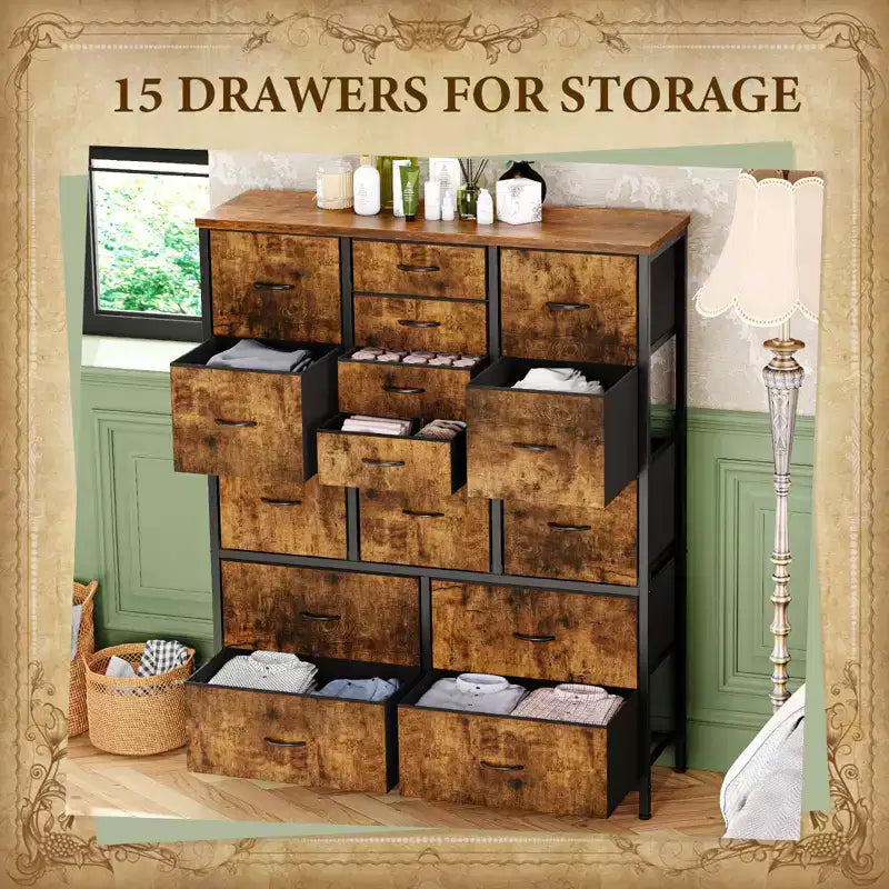 Commode haute en tissu de 48 pouces avec 15 tiroirs et cadre en acier et plateau en bois, commodes robustes pour chambre à coucher, placard, couloir, salon