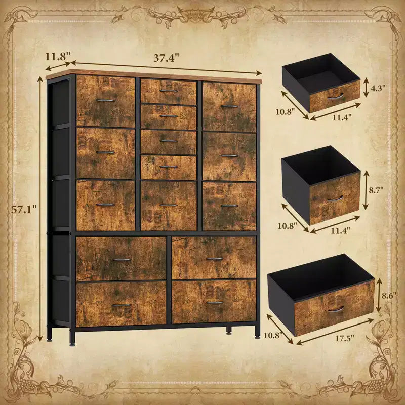 Commode haute en tissu de 48 pouces avec 15 tiroirs et cadre en acier et plateau en bois, commodes robustes pour chambre à coucher, placard, couloir, salon