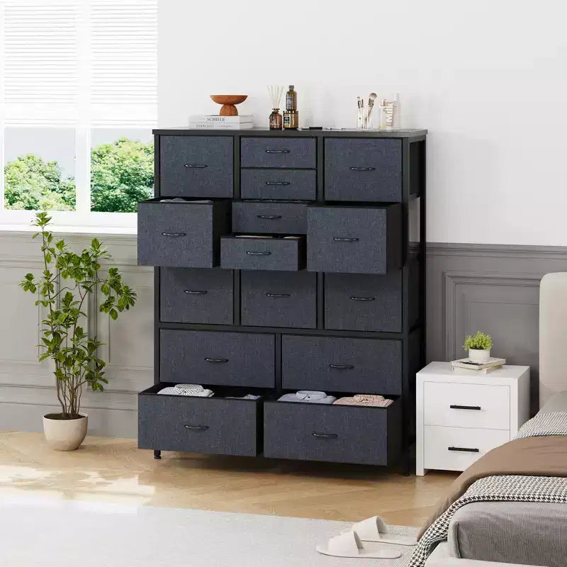 Commode haute en tissu de 48 pouces avec 15 tiroirs et cadre en acier et plateau en bois, commodes robustes pour chambre à coucher, placard, couloir, salon