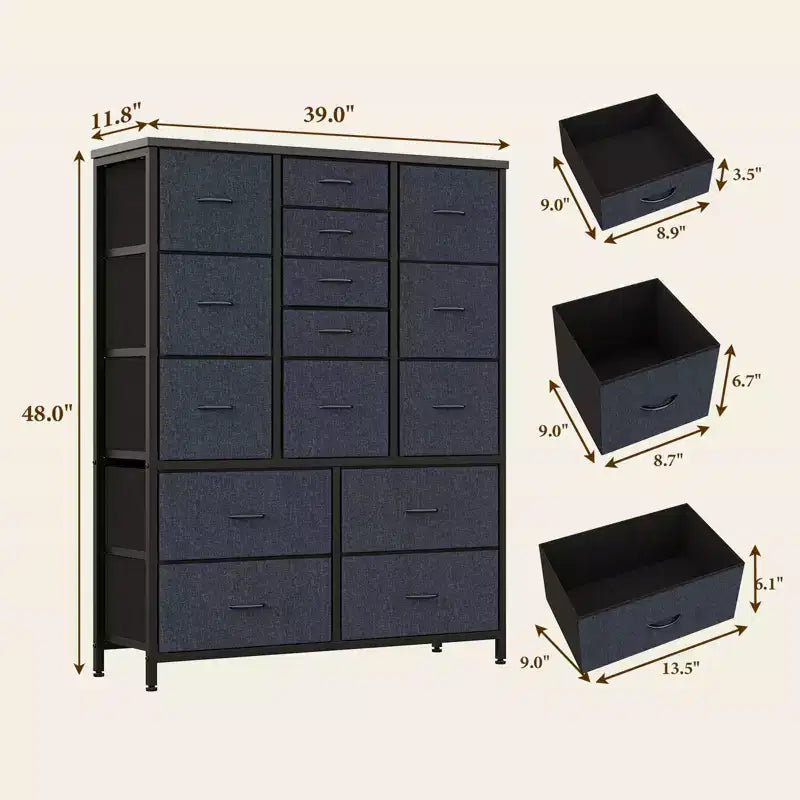 Commode haute en tissu de 48 pouces avec 15 tiroirs et cadre en acier et plateau en bois, commodes robustes pour chambre à coucher, placard, couloir, salon