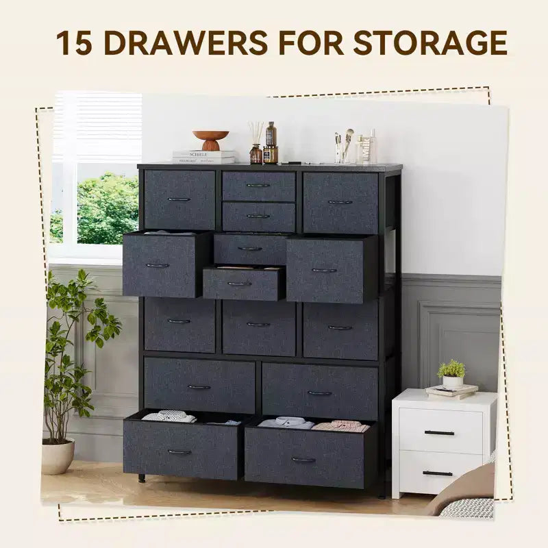 Commode haute en tissu de 48 pouces avec 15 tiroirs et cadre en acier et plateau en bois, commodes robustes pour chambre à coucher, placard, couloir, salon
