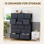 Commode haute en tissu de 48 pouces avec 15 tiroirs et cadre en acier et plateau en bois, commodes robustes pour chambre à coucher, placard, couloir, salon