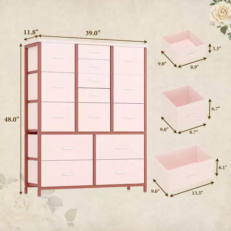 Commode haute en tissu de 48 pouces avec 15 tiroirs et cadre en acier et plateau en bois, commodes robustes pour chambre à coucher, placard, couloir, salon