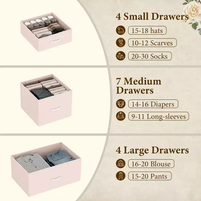 Commode haute en tissu de 48 pouces avec 15 tiroirs et cadre en acier et plateau en bois, commodes robustes pour chambre à coucher, placard, couloir, salon