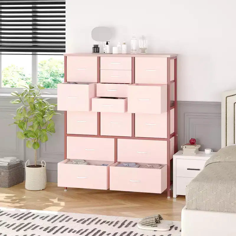 Commode haute en tissu de 48 pouces avec 15 tiroirs et cadre en acier et plateau en bois, commodes robustes pour chambre à coucher, placard, couloir, salon