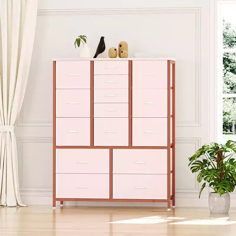 Commode haute en tissu de 48 pouces avec 15 tiroirs et cadre en acier et plateau en bois, commodes robustes pour chambre à coucher, placard, couloir, salon