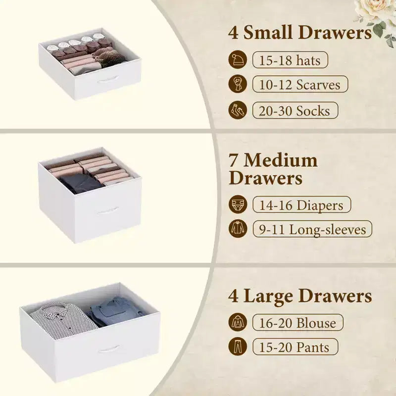 Commode haute en tissu de 48 pouces avec 15 tiroirs et cadre en acier et plateau en bois, commodes robustes pour chambre à coucher, placard, couloir, salon