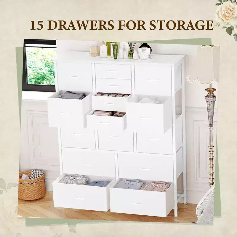 Commode haute en tissu de 48 pouces avec 15 tiroirs et cadre en acier et plateau en bois, commodes robustes pour chambre à coucher, placard, couloir, salon