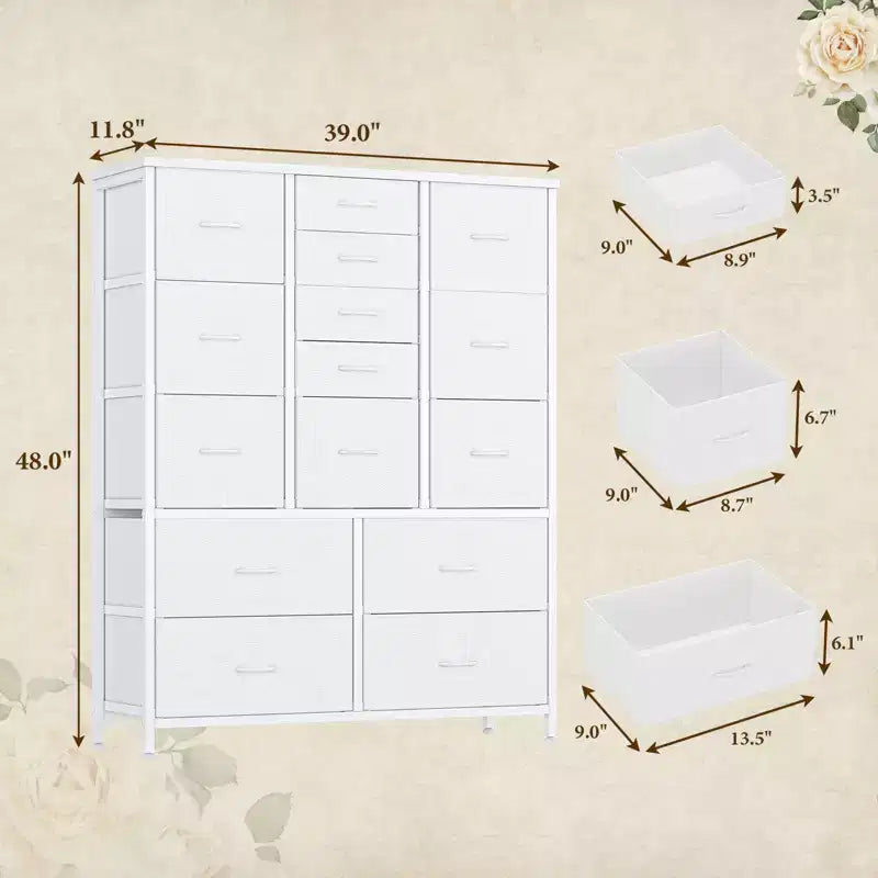 Commode haute en tissu de 48 pouces avec 15 tiroirs et cadre en acier et plateau en bois, commodes robustes pour chambre à coucher, placard, couloir, salon