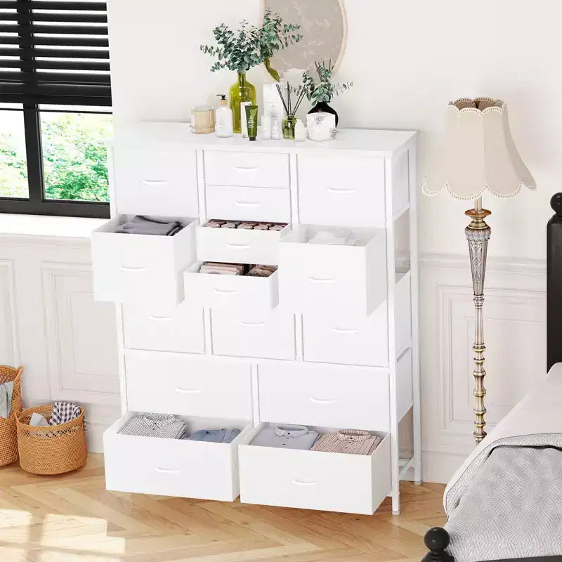 Commode haute en tissu de 48 pouces avec 15 tiroirs et cadre en acier et plateau en bois, commodes robustes pour chambre à coucher, placard, couloir, salon