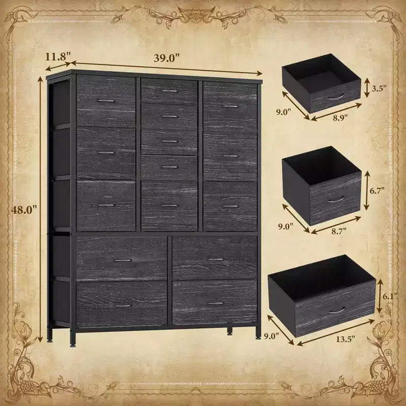 Commode haute en tissu de 48 pouces avec 15 tiroirs et cadre en acier et plateau en bois, commodes robustes pour chambre à coucher, placard, couloir, salon