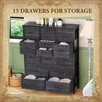Commode haute en tissu de 48 pouces avec 15 tiroirs et cadre en acier et plateau en bois, commodes robustes pour chambre à coucher, placard, couloir, salon