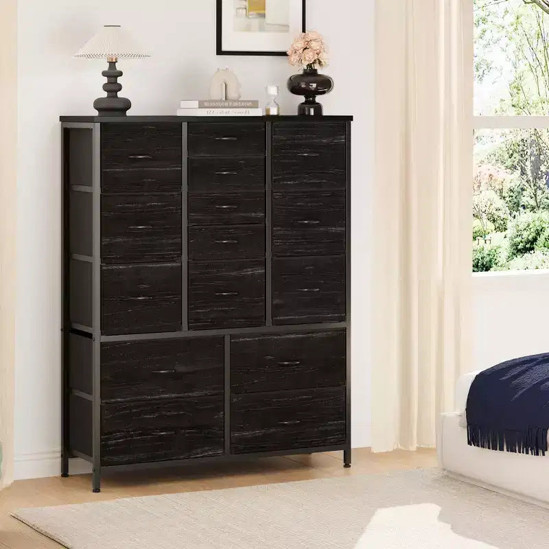 Commode haute en tissu de 48 pouces avec 15 tiroirs et cadre en acier et plateau en bois, commodes robustes pour chambre à coucher, placard, couloir, salon
