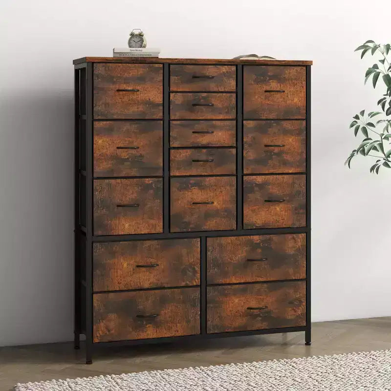 Commode haute en tissu de 48 pouces avec 15 tiroirs et cadre en acier et plateau en bois, commodes robustes pour chambre à coucher, placard, couloir, salon