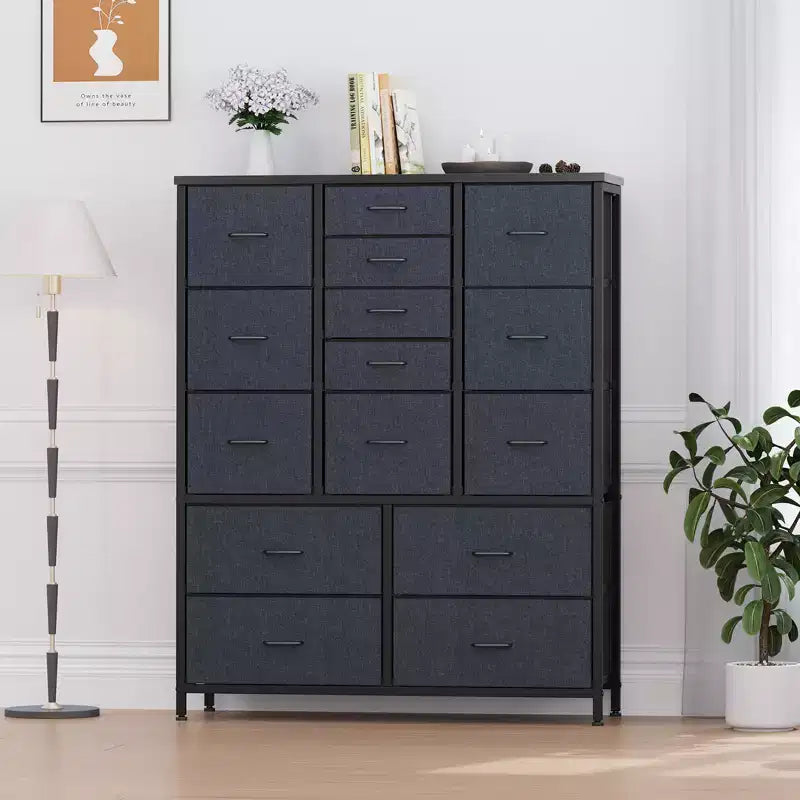 Commode haute en tissu de 48 pouces avec 15 tiroirs et cadre en acier et plateau en bois, commodes robustes pour chambre à coucher, placard, couloir, salon