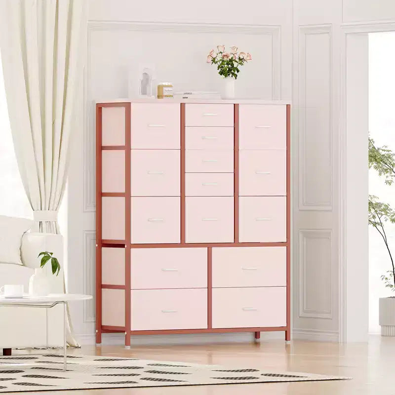 Commode haute en tissu de 48 pouces avec 15 tiroirs et cadre en acier et plateau en bois, commodes robustes pour chambre à coucher, placard, couloir, salon