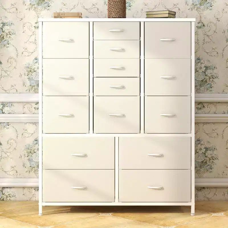 Commode haute en tissu de 48 pouces avec 15 tiroirs et cadre en acier et plateau en bois, commodes robustes pour chambre à coucher, placard, couloir, salon