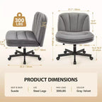 Chaise de Bureau KERDOM à Pieds Croisés, Chaise de Bureau sans Accoudoirs Réglable avec Assise Large, Tissu Velours, Gris