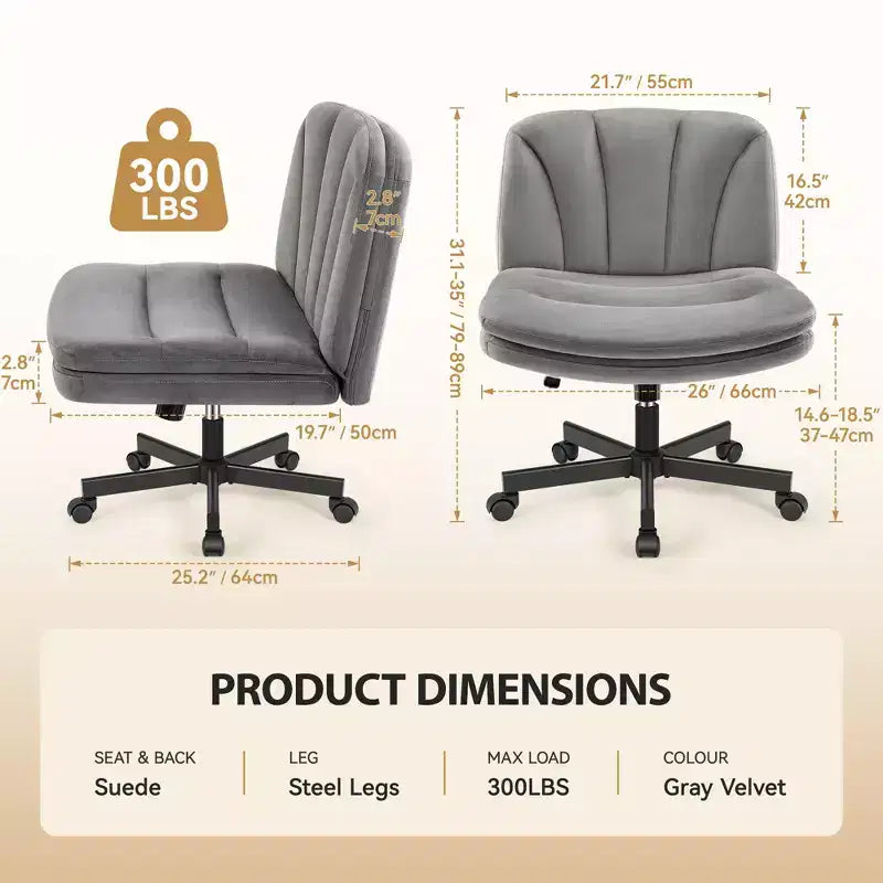 Chaise de Bureau KERDOM à Pieds Croisés, Chaise de Bureau sans Accoudoirs Réglable avec Assise Large, Tissu Velours, Gris