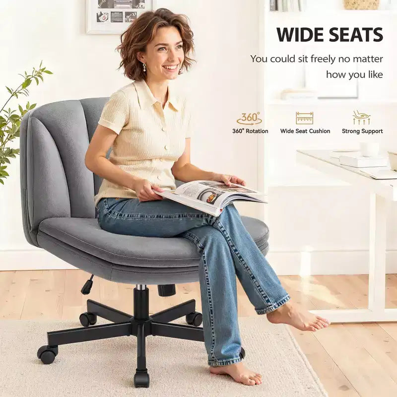 Chaise de Bureau KERDOM à Pieds Croisés, Chaise de Bureau sans Accoudoirs Réglable avec Assise Large, Tissu Velours, Gris