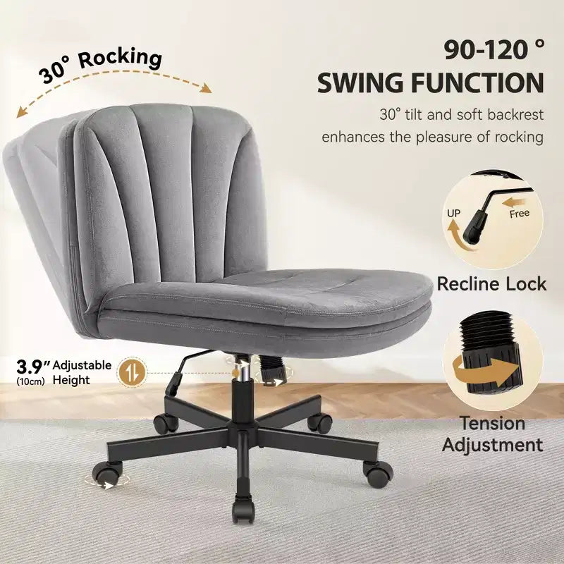 Chaise de Bureau KERDOM à Pieds Croisés, Chaise de Bureau sans Accoudoirs Réglable avec Assise Large, Tissu Velours, Gris