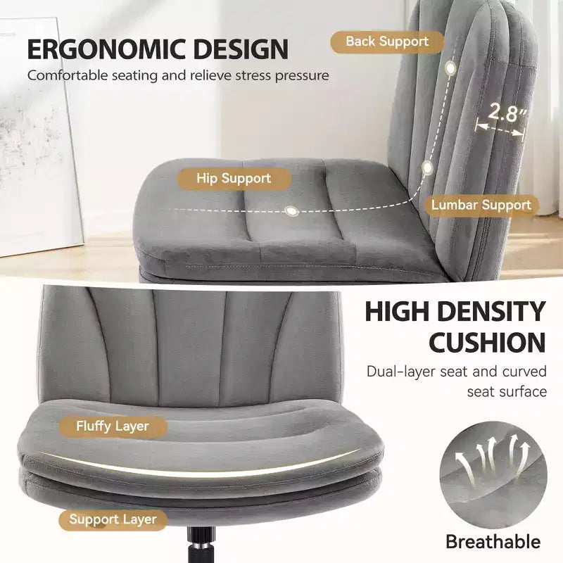 Chaise de Bureau KERDOM à Pieds Croisés, Chaise de Bureau sans Accoudoirs Réglable avec Assise Large, Tissu Velours, Gris