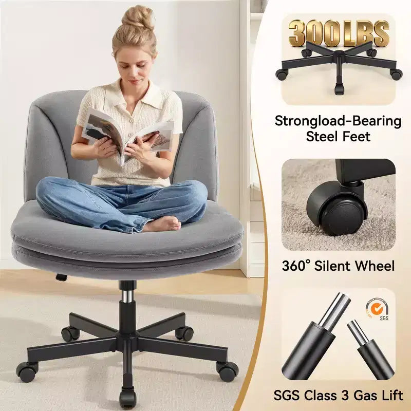 Chaise de Bureau KERDOM à Pieds Croisés, Chaise de Bureau sans Accoudoirs Réglable avec Assise Large, Tissu Velours, Gris