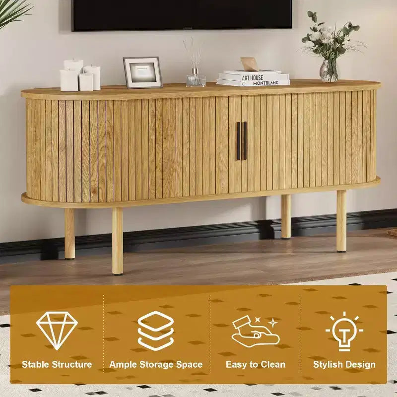 Meuble TV moderne COZONY avec portes coulissantes, Meuble console multimédia en bois avec étagères réglables pour rangement de salon