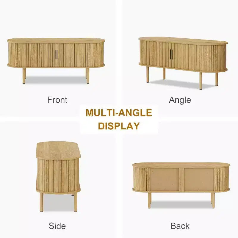Meuble TV moderne COZONY avec portes coulissantes, Meuble console multimédia en bois avec étagères réglables pour rangement de salon