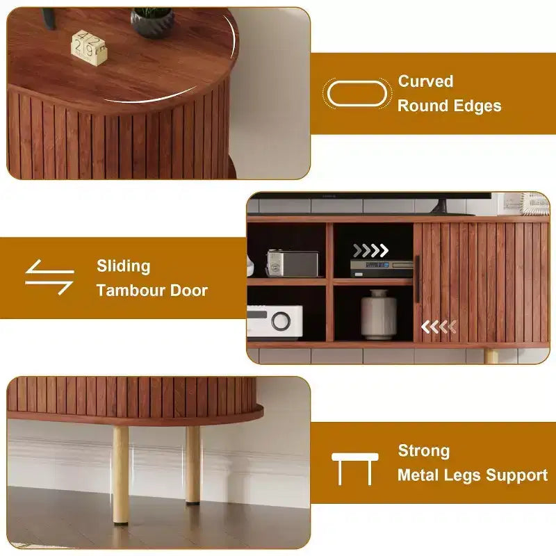 Meuble TV moderne COZONY avec portes coulissantes, Meuble console multimédia en bois avec étagères réglables pour rangement de salon