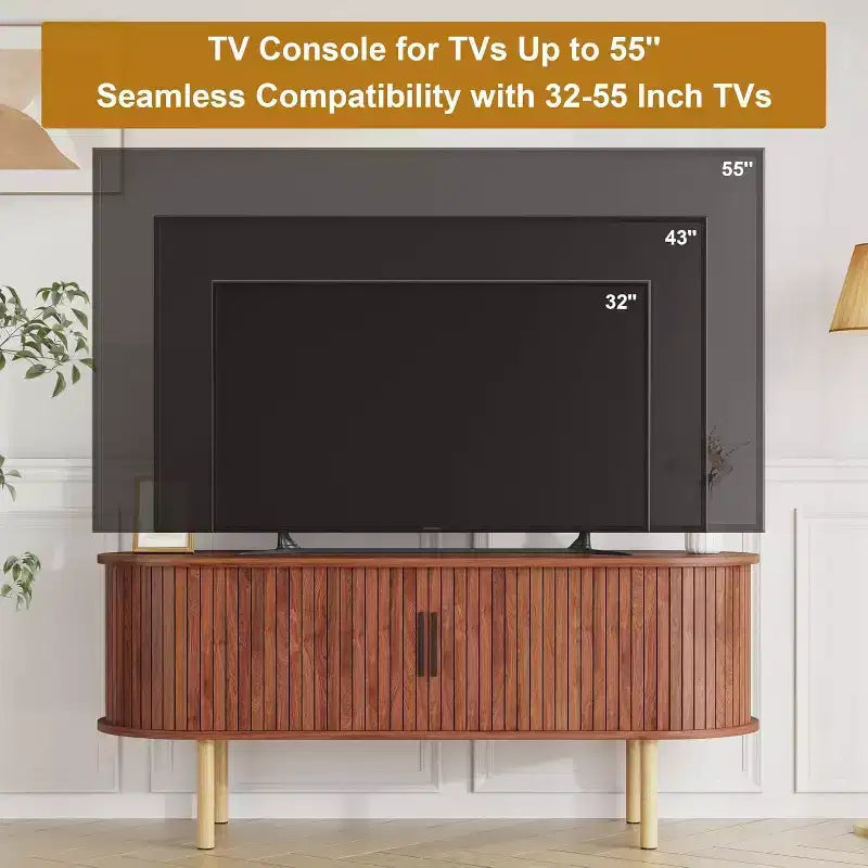 Meuble TV moderne COZONY avec portes coulissantes, Meuble console multimédia en bois avec étagères réglables pour rangement de salon