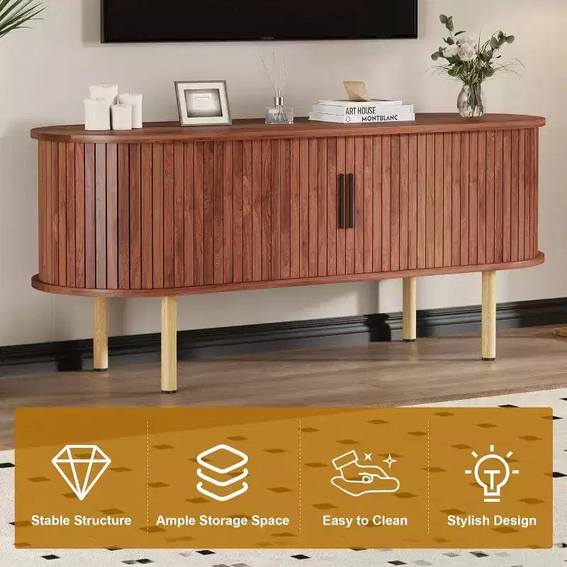 Meuble TV moderne COZONY avec portes coulissantes, Meuble console multimédia en bois avec étagères réglables pour rangement de salon