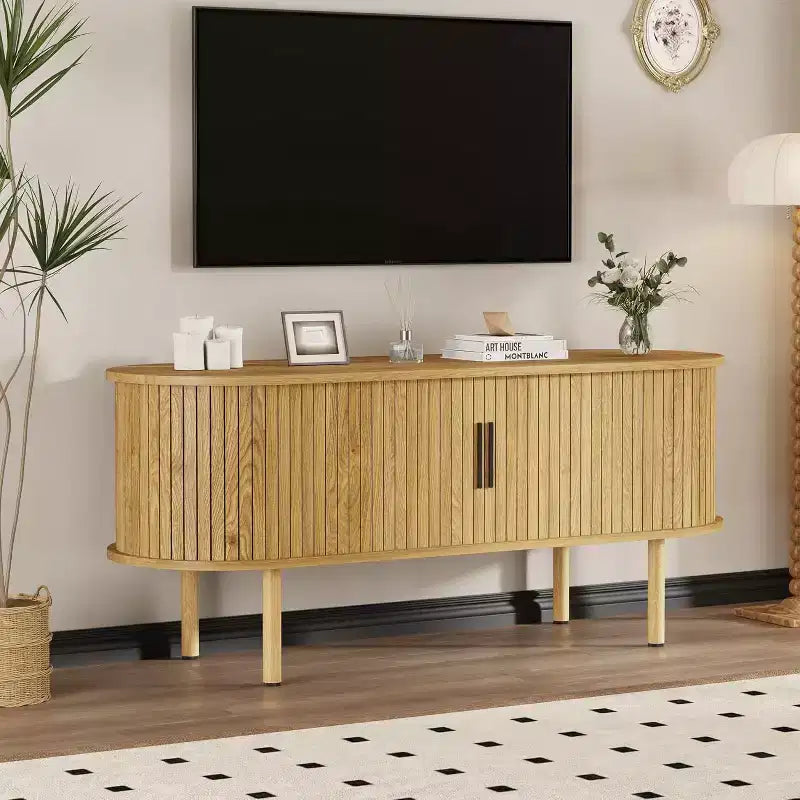Meuble TV moderne COZONY avec portes coulissantes, Meuble console multimédia en bois avec étagères réglables pour rangement de salon