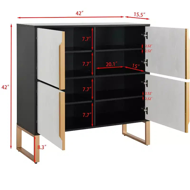 Meuble de rangement à quatre portes, buffet de 42 pouces avec poignées et base en métal, console de bar à café pour cuisine ou salon