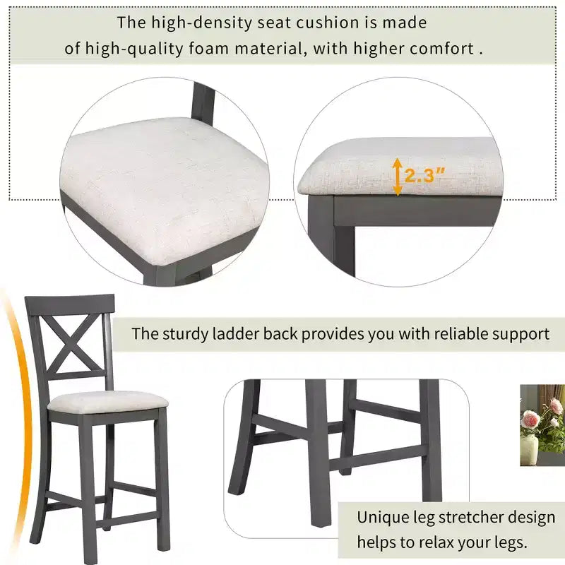 Ensemble de salle à manger GDFStudio Henley 6 pièces en bois massif à hauteur de comptoir avec chaises et banc rembourrés