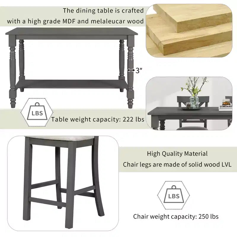 Ensemble de salle à manger GDFStudio Henley 6 pièces en bois massif à hauteur de comptoir avec chaises et banc rembourrés